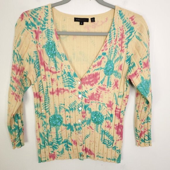 BCBG Maxazria Sweater Womens M Y2K Fitted Baby Tee Fit Sequin Colorful Stretchy - Picture 1 of 9